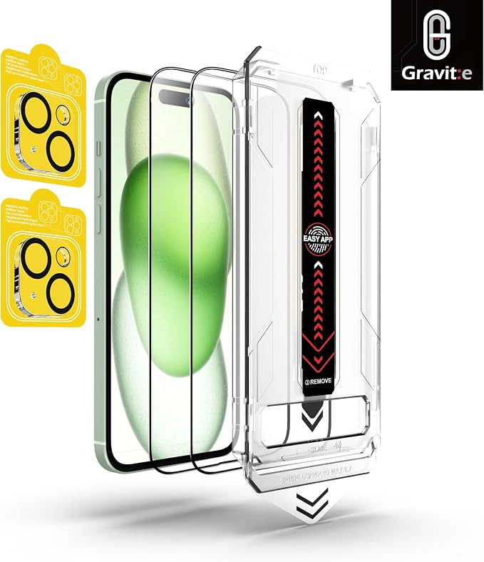Gravit:e Screen Protector for iPhone, 9H Tempered Glass, Smart Installation Tool, Automatic Fine Dust Removal and Camera Protector 2 Pack (iPhone 15)