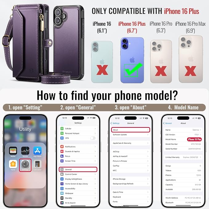 Strapurs for iPhone 16 Plus Detachable Wallet Case Compatible with Magsafe, RFID Blocking 9-Card Holder Zipper Wrist Strap Lanyard PU Leather Magnetic Phone Case for iPhone 16 Plus 6.7", Purple