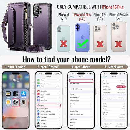 Strapurs for iPhone 16 Plus Detachable Wallet Case Compatible with Magsafe, RFID Blocking 9-Card Holder Zipper Wrist Strap Lanyard PU Leather Magnetic Phone Case for iPhone 16 Plus 6.7", Purple