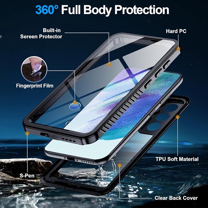 MOZOTER for Samsung Galaxy S21 FE Case Waterproof,[IPX8 Underwater Case][Full Body Shockproof & Military Dropproof] Clear Sound Quality Built-in Screen Protector for Samsung S21 FE 6.4 inch-Black