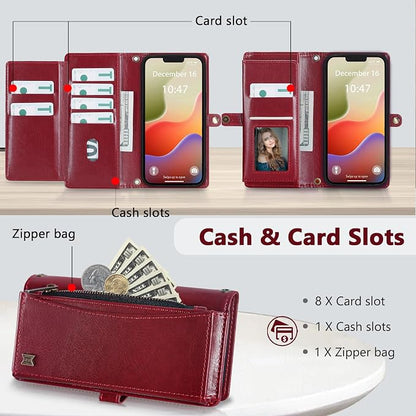 Wallet Case for iPhone 14 Plus with Card Holder/Crossbody Wallet/Strap| RFID Blocking | Magnetic | Kickstand | Detachable | PU Leather Phone Case for iPhone 14 Plus,6.7 in,Wine Red