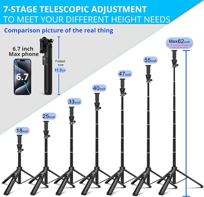 BZE 62 inches Extendable Selfie Stick Tripod with Wireless Remote & Phone Holder, Portable Aluminum Alloy 3 in 1 Stand for Group Photos, Vlogging & Travel Compatible with All Smartphones