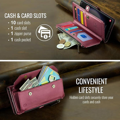 Strapurs Crossbody Wallet Case Compatible with Samsung Galaxy S22 Plus RFID Blocking Card Holder Soft PU Leather Magnetic Snap Strap Zipper Pocket Phone Case Fit for Galaxy S22+/ S22 Plus - Wine Red