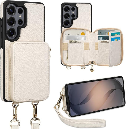 Keallce Wallet Case for Samsung Galaxy S26 Ultra 6.9",Crossbody Zipper Purse with RFID Blocking Card Slots Kickstand, Lanyard & Handstrap Flip Folio Leather Phone Cover for Galaxy S26 Ultra, White