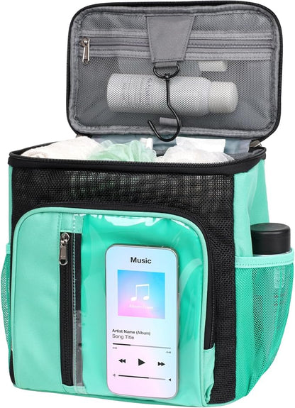 F-color Shower Caddy Portable for College Dorm Essentials - Large Hanging Sturdy Handle Toiletry Tote Bag with Hook, Multiple Pockets, Quick Dry Organizer for Camping, Travel, Gym, Cyan