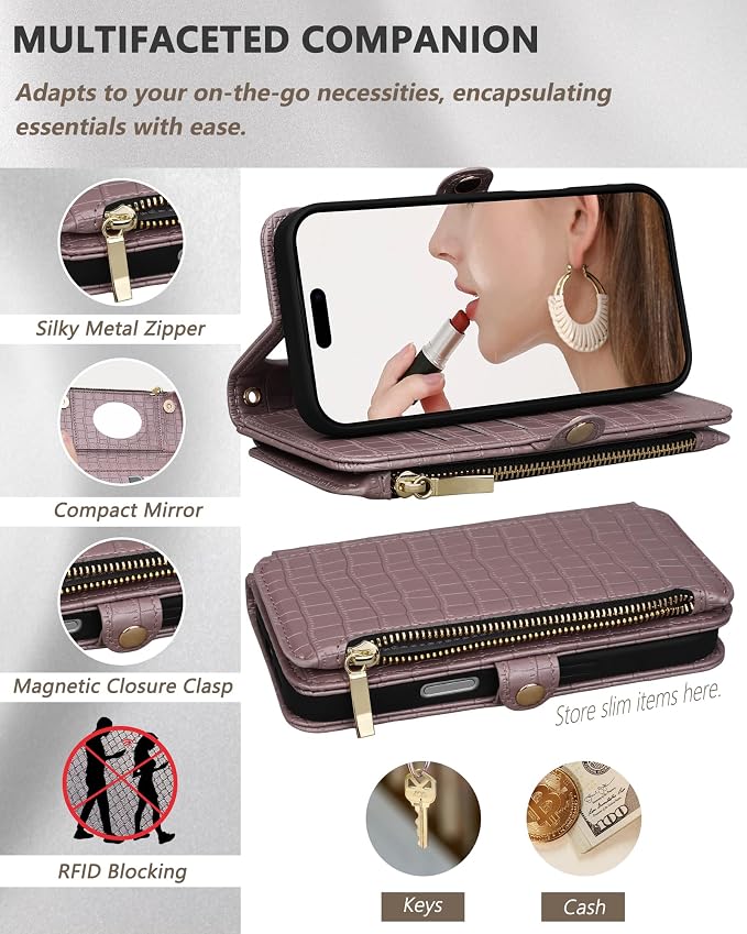 Crossbody Wallet Case for iPhone 17 Pro with Mirror, Wrist Strap, Zipper Purse Magnetic Flip, RFID Blocking Card Holder, Wireless Charging, PU Leather Shockproof 6.3" Women (Rose Gold)