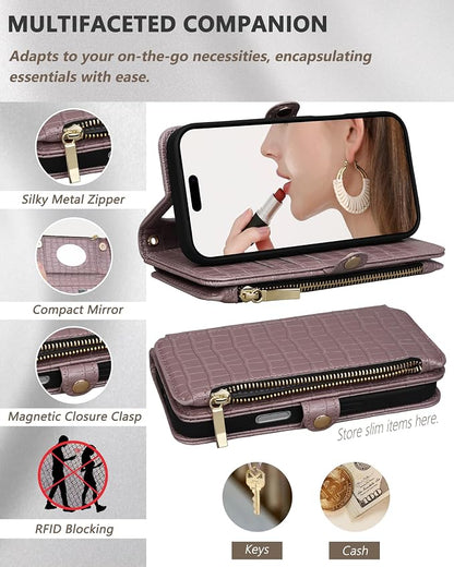 Crossbody Wallet Case for iPhone 17 Pro with Mirror, Wrist Strap, Zipper Purse Magnetic Flip, RFID Blocking Card Holder, Wireless Charging, PU Leather Shockproof 6.3" Women (Rose Gold)