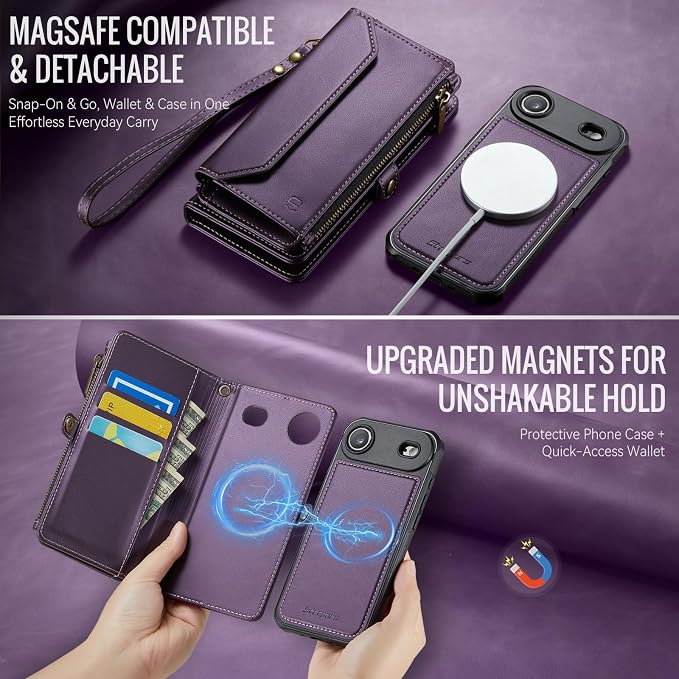 Strapurs for iPhone Air Detachable Wallet Case Compatible with Magsafe for Women, RFID Blocking 9-Card Holder Zipper Strap Lanyard PU Leather Magnetic Phone Case for iPhone 17 Air 6.5", Purple