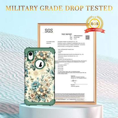Hocase for iPhone XR Case, Heavy Duty Shockproof Protection Soft Silicone Rubber+Hard Plastic Bumper Hybrid Dual Layer Protective Case for iPhone XR (6.1" Display) 2018 - Teal Blue Flowers