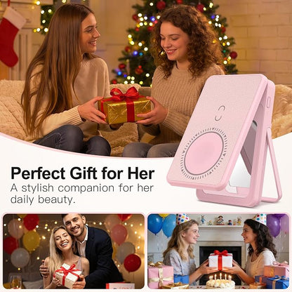 Magnetic Wireless Power Bank 5-in-1, 5000mAh Portable Charger with LED Mirror, Phone Stand, Card Holder & Bluetooth Remote, 20W Fast Charging for iPhone & Android, Travel Essential for Women
