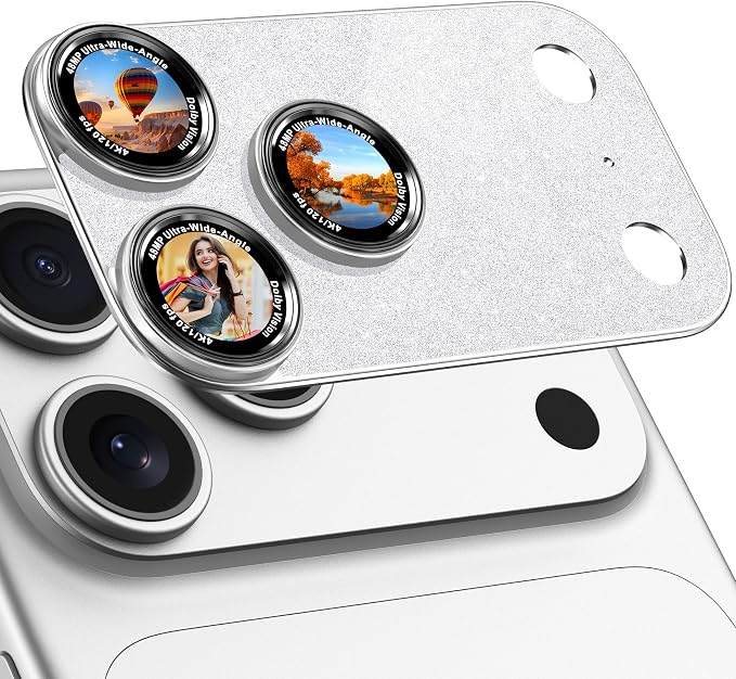 Camera Lens Protector Compatible with iPhone 17 Pro - Metal Frame Tempered Glass Cover, [Anti-Scratch] [Drop-Proof][Strong-Adhesion] Rear Camera Screen Cover- Sparkle Silver
