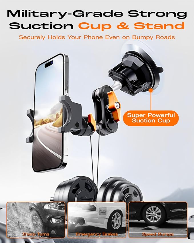chubbycable ChubbyGrip Car Phone Holder 360° Adjustable Cell Phone Car Mount Ultra-Durable Metal Car Phone Mount for Windshield, Suction Cup Phone Mount for iPhone Samsung All Smartphone, Clamp