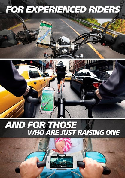Bike & Motorcycle Phone Mount - For iPhone 16 (15, Xr, SE, Max/Plus), Galaxy S22 or any Cell Phone - Universal ATV, Mountain & Road Bicycle Handlebar Holder. +100 to Safeness & Comfort