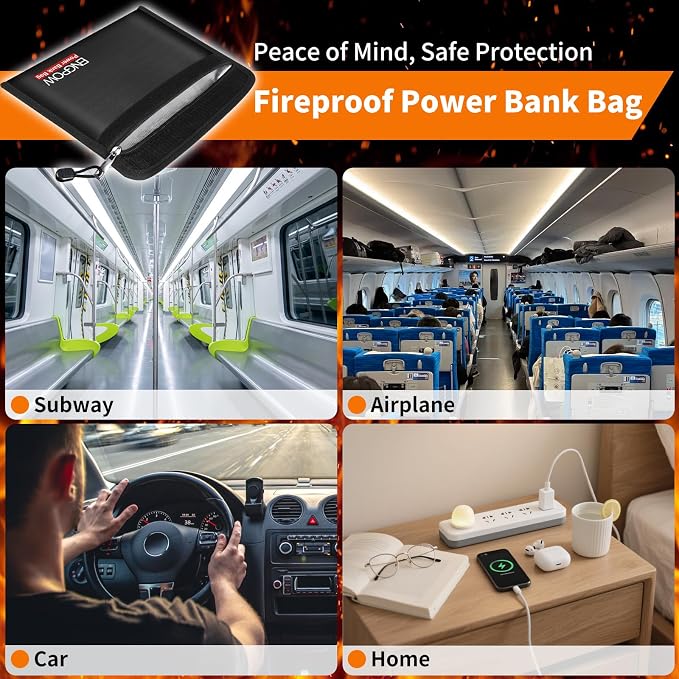 ENGPOW Fireproof Organizer Travel Bag,Heat Insulated＆Explosion-Proof Electronic Carry Case,Portable Home Travel Safe Storage for Power Bank,Phone,Cables,USB Drive＆Charging Protection, 10.6''x6.7''