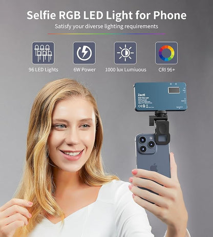 Selfie Light, 96 LED Phone Light with Metal Hotshoe & Clip, 1500mAh Rechargeable 360° Full Color 21 Scenes RGB Video Light for Phones, iPhone, Laptops, Cameras, Selfie, TikTok, Gifts for Men & Women