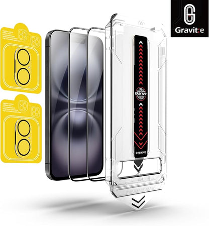 Gravit:e Screen Protector for iPhone, 9H Tempered Glass, Smart Installation Tool, Automatic Fine Dust Removal and Camera Protector 2 Pack (iPhone 16)