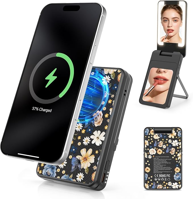 Magnetic Wireless Power Bank 5-in-1, 5000mAh Portable Charger with LED Mirror, Phone Stand, Card Holder & Bluetooth Remote, 20W Fast Charging for iPhone & Android, Travel Essential for Women