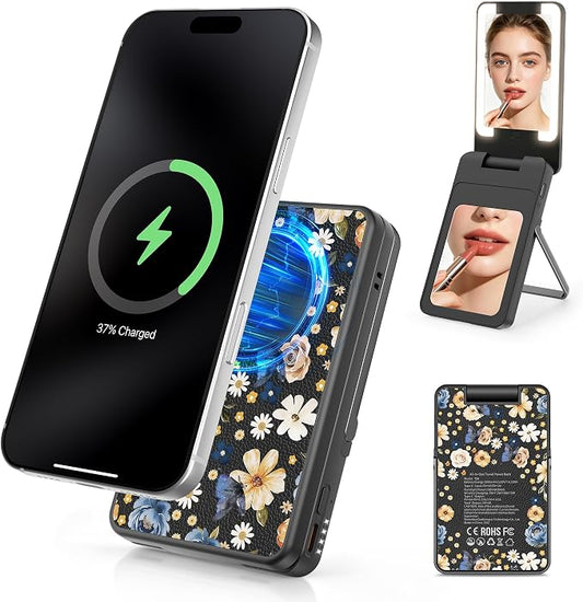 Magnetic Wireless Power Bank 5-in-1, 5000mAh Portable Charger with LED Mirror, Phone Stand, Card Holder & Bluetooth Remote, 20W Fast Charging for iPhone & Android, Travel Essential for Women