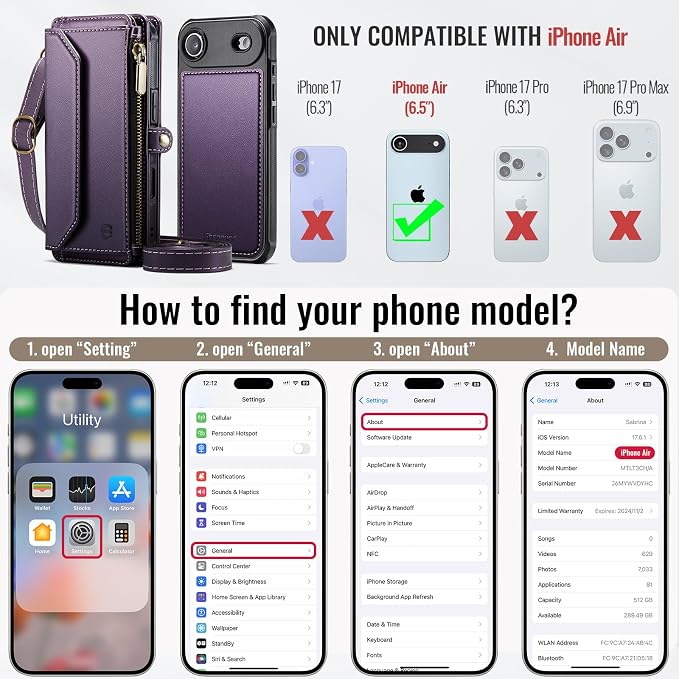 Strapurs for iPhone Air Detachable Wallet Case Compatible with Magsafe for Women, RFID Blocking 9-Card Holder Zipper Strap Lanyard PU Leather Magnetic Phone Case for iPhone 17 Air 6.5", Purple