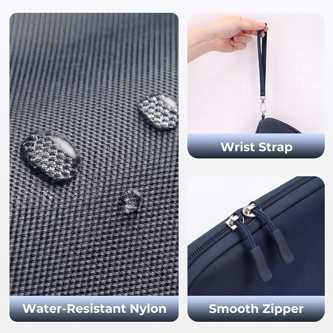 FYY Travel Cable Organizer - 8 Compartments, Lightweight, Water Repellent | With Wrist Strap, Portable Tech Pouch for Cord Charger, Travel and Business Trips Use, Soft Shell Nylon, Navy (Large)