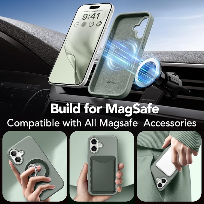 GONEZ Magnetic for iPhone 17 Case, Compatible with MagSafe, [Screen Protector + Camera Lens Protector], Liquid Silicone Anti-Scratch Shockproof Protective Phone Case 6.3 inch, Calke Green
