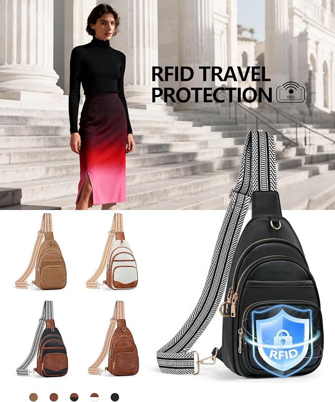 Anti Theft Crossbody Bags for Women, RFID Vegan Leather Sling Purse for Travel, Chest Bag, Cross Body Purses & Fanny Packs(Black) | Multi-Pocket, 8 RFID Card Slots, Structured bag, Quilted Design