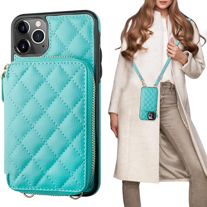 Bocasal Crossbody Wallet Case for iPhone 11 Pro Max, RFID Blocking PU Leather Zipper Handbag Purse Flip Cover, Kickstand Folio Case with Card Slots Holder Wrist Strap Lanyard 6.5 Inch (Mint Green)