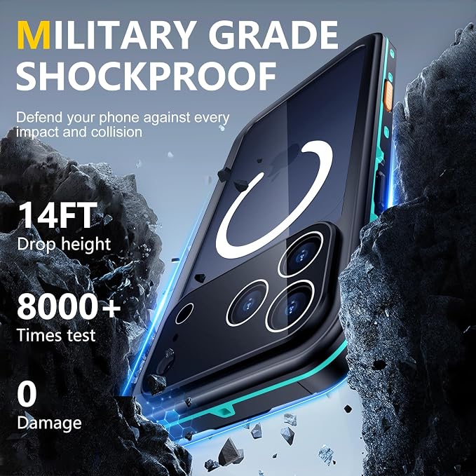 Red2Fire for iPhone 17 Pro Case Waterproof, [Built-in Screen Protector & Camera Protector][Compatible with MagSafe][Full Body Shockproof][IP68 Waterproof][Dustproof] Phone Case 6.3" Blue/Clear