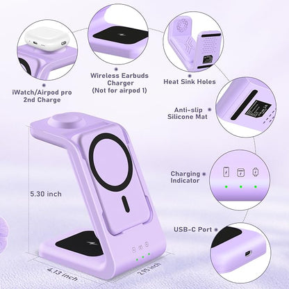 3 in 1 Wireless Charging Station: 5000mAh Removable Power Bank Charger Stand for Phone/Watch/Air Pods - Portable Magnetic Battery Pack for Air 17 16 15 14 13 12 Series Purple
