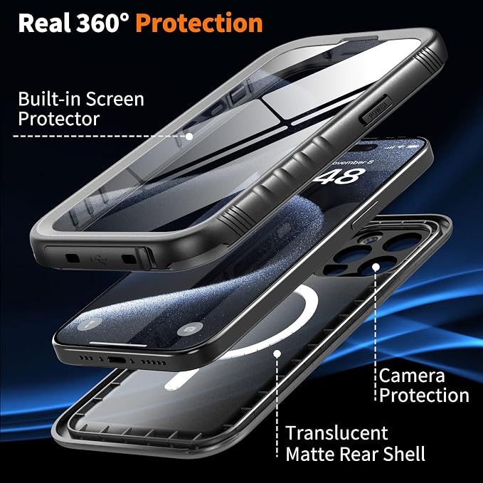 Cozycase for iPhone 15 Pro Waterproof Shockproof Dustproof Case [Compatible with MagSafe] - Heavy Duty/360 Full Body/Military Grade/Rugged Built in Screen/Camera Protector with Lanyard Black