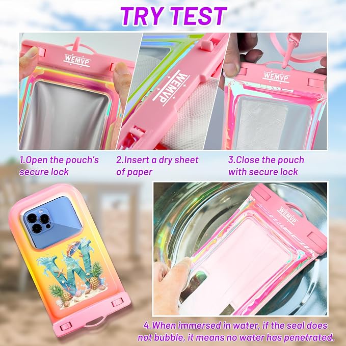 Personalized Initial Waterproof Phone Pouch Case - IPX8 Cellphone Dry Bag with Lanyard for iPhone 16/15/14/13/12 Pro Max (6.1–6.9"), Beach & Cruise Ship Essentials with Monogrammed Design (Pink, W)