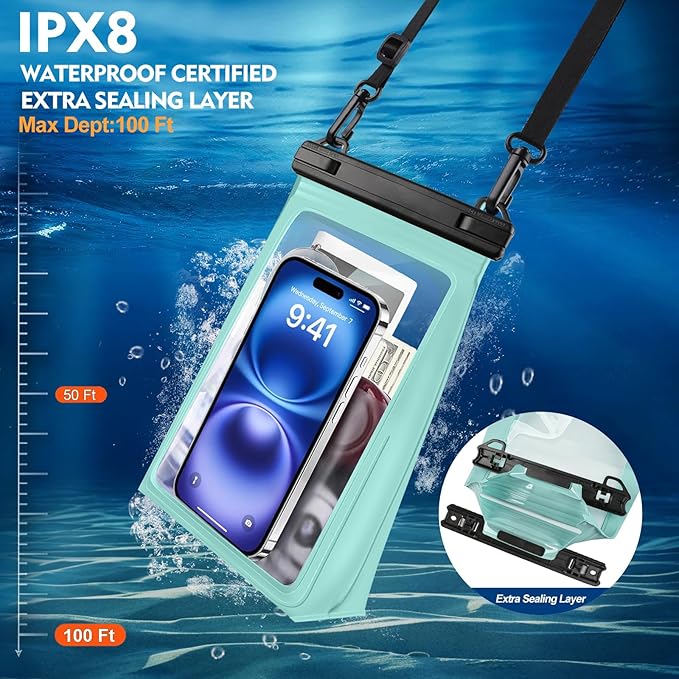 PEDVSTY Large Waterproof Phone Pouch [with Sealing Strip], Cell Phone Dry Bag for iPhone Galaxy All Phones, Floating Water Proof Bag for Beach Water Park Green