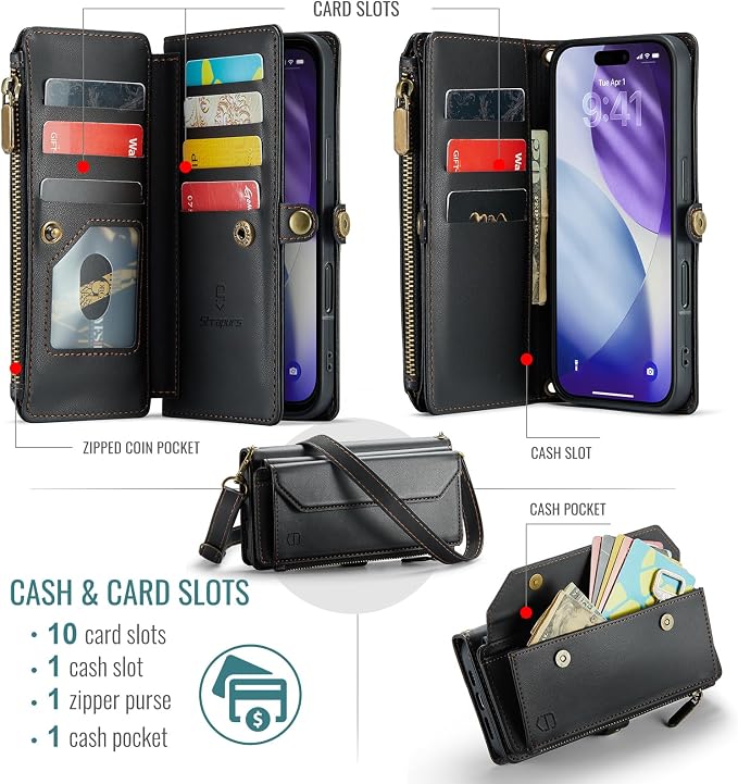 Strapurs Wallet Case Compatible with iPhone 17 Pro Max 6.9" RFID Blocking 10-Card Holder Soft PU Leather Magnetic Snap Shoulder Strap Zipper Pocket Phone Case Fit for iPhone 17 Pro Max - Black
