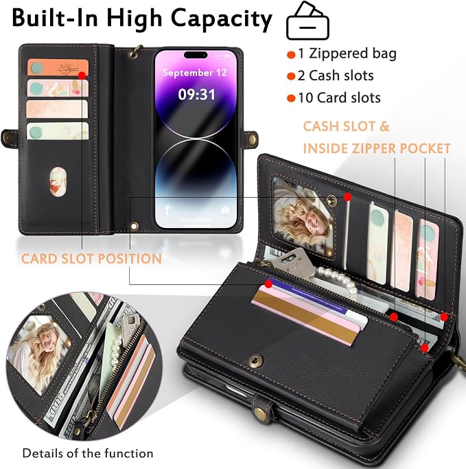 for Wallet Case Compatible with iPhone 14 Pro Max,Multi-Function Detachable 2 in 1 Magnetic iPhone 14 Pro Max Case Wallet,Flip Strap Zipper Card Holder Phone Case with Shoulder Straps (Black)