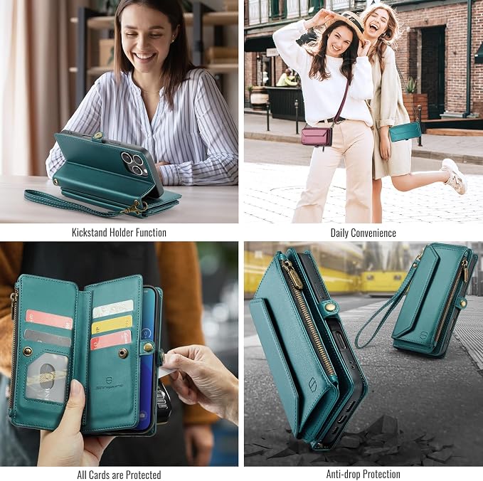 Strapurs Wallet Case Compatible with iPhone 16 Pro 6.3" RFID Blocking 10-Card Holder Soft PU Leather Magnetic Snap Shoulder Strap Zipper Pocket Phone Case Fit for iPhone 16 Pro for Women - Blue Green