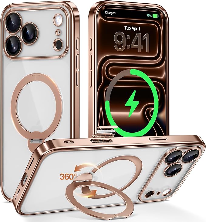 GolbinBox for iPhone 17 Pro Case with 360° Spin Magnetic Stand,[Compatible with Magsafe] [Military Protection][Built-in Ring Holder] Camera Control Phone Case for 17 Pro,Rose Gold/Clear