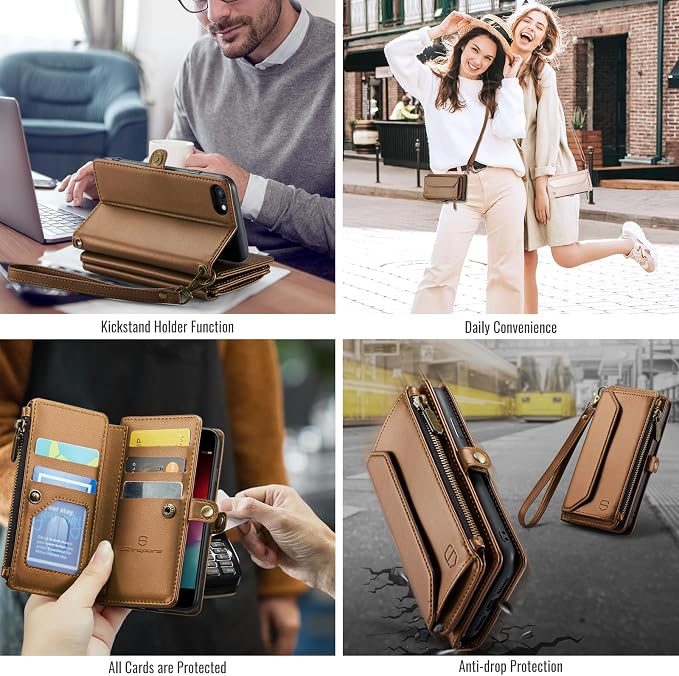 Strapurs Crossbody Wallet Case Compatible with iPhone SE/7/8 RFID Blocking 7-Card Holder Soft PU Leather Magnetic Snap Shoulder Strap Zipper Pocket Phone Cases Fit for iPhone SE 2020 2022 - Brown