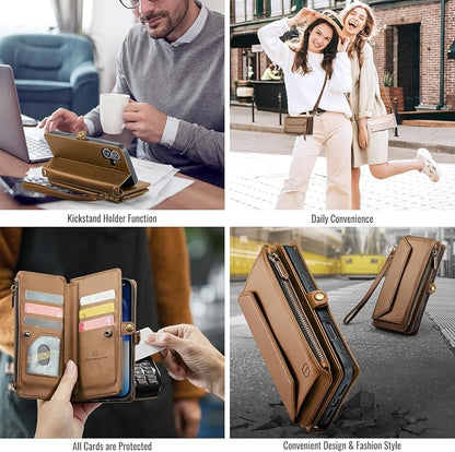 Strapurs Wallet Case Compatible with iPhone 17 6.3" RFID Blocking 9-Card Holder Soft PU Leather Magnetic Snap Shoulder Strap Zipper Pocket Phone Case Fit for iPhone 17 for Women - Brown