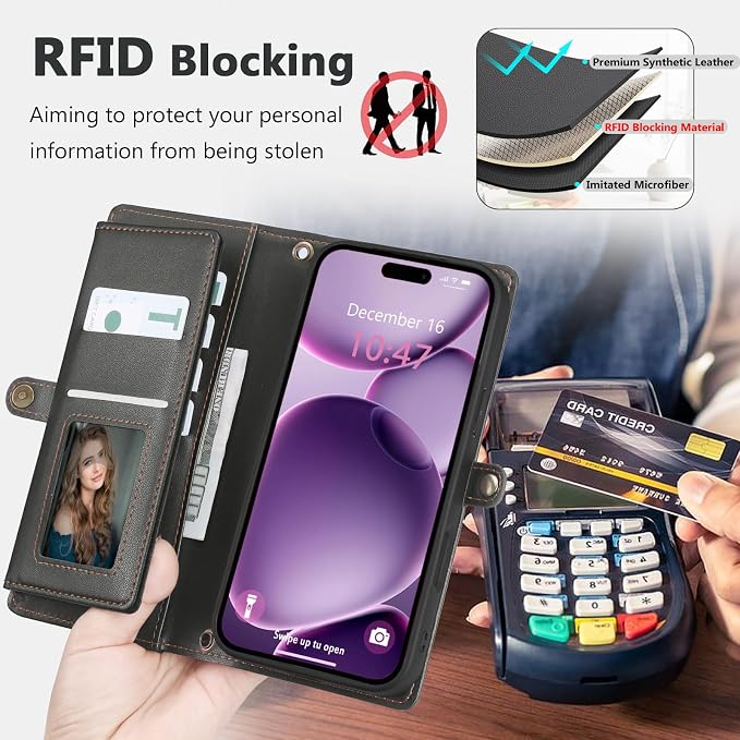 Wallet Case for iPhone 16 Plus with Card Holder/Crossbody Wallet/Strap| RFID Blocking | Magnetic | Kickstand | Detachable | PU Leather Phone Case for iPhone 16 Plus,6.7 in,Black