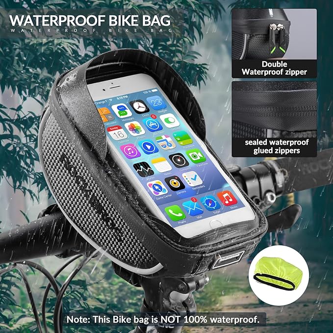 ROCKBROS Bike Phone Mount Bag Bike Front Frame Handlebar Bag Waterproof Bike Phone Holder Case Bicycle Accessories Pouch Sensitive Touch Screen Compatible with iPhone Below 6.5"