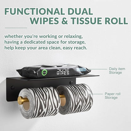 APLusee Double Toilet Paper Holder with Phone Shelf Black & Gold, 304 Stainless Steel Tissue Paper Roll Storage Dispenser, Wall Mounted