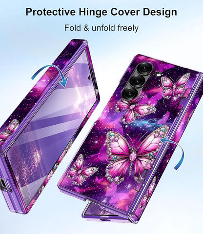 Btscase for Samsung Galaxy Z Fold 6 Case,Built in Front Screen Protector,Gold Glitter Marble Pattern Hard PC Slim Shockproof Full Body Drop Protective Case for Galaxy Z Fold 6 5G, Dreamy Purple