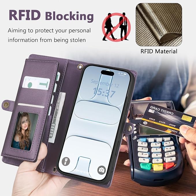 Wallet Case for iPhone Air with Card Holder/Crossbody Wallet/Strap,[RFID Blocking][Magnetic] PU Leather Phone Case for iPhone Air,6.5 in,Purple