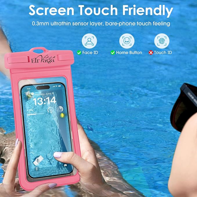 2 Pack IPX8 Waterproof Phone Pouch for iPhone 16/15/14/13 Pro Max Plus (7.2 Inch) - Swimming, Diving, Snorkeling, Snowproof - Touchscreen Friendly Underwater Photography Dry Bag (Pink&Pink)