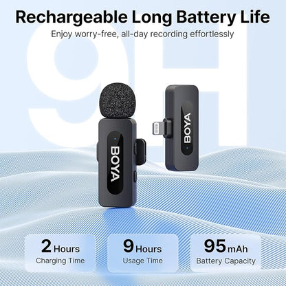 BOYA by-V1 Wireless Microphones for iPhone iPad with MFi Certified Lightning Port, 328ft Range, 9H Battery Life, Noise Reduction Mini Mic Clip on Lapel Microphone Wireless for Video Recroding