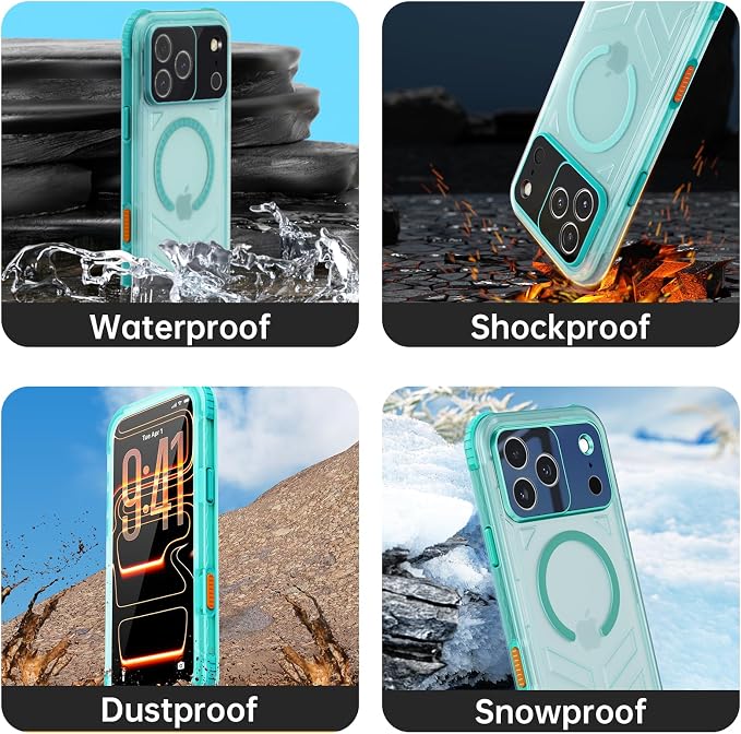 for iPhone 17 Pro Max Waterproof Case, Fit for Magsafe, IP68 Full Body Shockproof Dustproof, Built-in Camera Control and Screen Protector, 15FT Heavy Duty Military, 6.3" Cyan