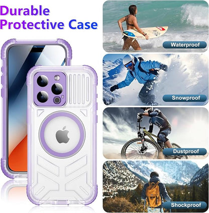 2024 Upgrade for iPhone 15 Pro Max Case Waterproof,[Compatible With MagSafe][Built-in Screen&Camera Protector][Full Body Dropproof][IP68 Underwater][Clear Sound]Shockproof Phone Case 6.7" Purple/Clear