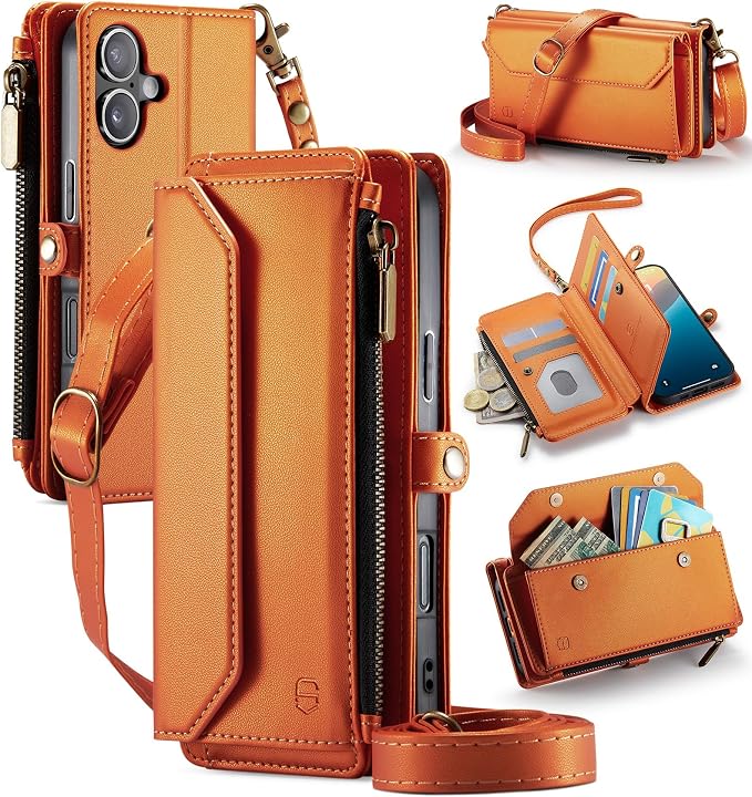 Strapurs Wallet Case Compatible with iPhone 16 6.1" RFID Blocking 7-Card Holder Soft PU Leather Magnetic Snap Shoulder Strap Zipper Pocket Phone Case Fit for iPhone 16 for Women - Orange