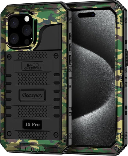 Beasyjoy for iPhone 15 Pro Case Waterproof, Metal Heavy Duty Full Body Protective Case with Built-in Screen Protector, Military Grade Shockproof Dustproof Defender Case for iPhone 15 Pro 6.1", Camo