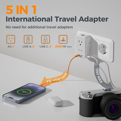 TESSAN Universal Travel Adapter PD 45W, Ultra Thin International Power Adapter Fast Charger, Worldwide Plug Adaptor with 2 USB C 2 USB A to European UK Italy Spain New Zealand (Type C G A I), 1 Pack